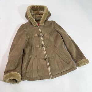 Esprit Coat Womens Large Brown Faux Suede Faux Shearling Hooded Toggle Duffle